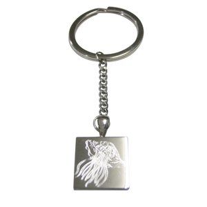 Silver Toned Square Etched Jellyfish Pendant Keychain